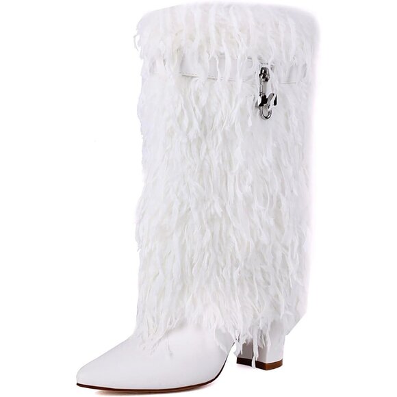 ⚡Women's White Fold Over Faux Fur Mid Calf Boots Chunky Heel Point Toe - Picture 1 of 7